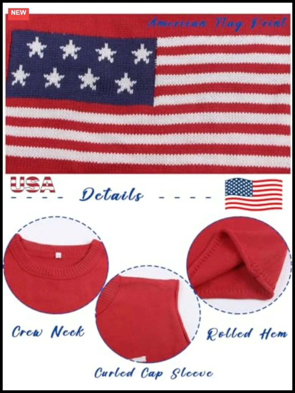 Acrylic Cap Sleeve Sweater Vest Crew Neck Patriotic Knit Top